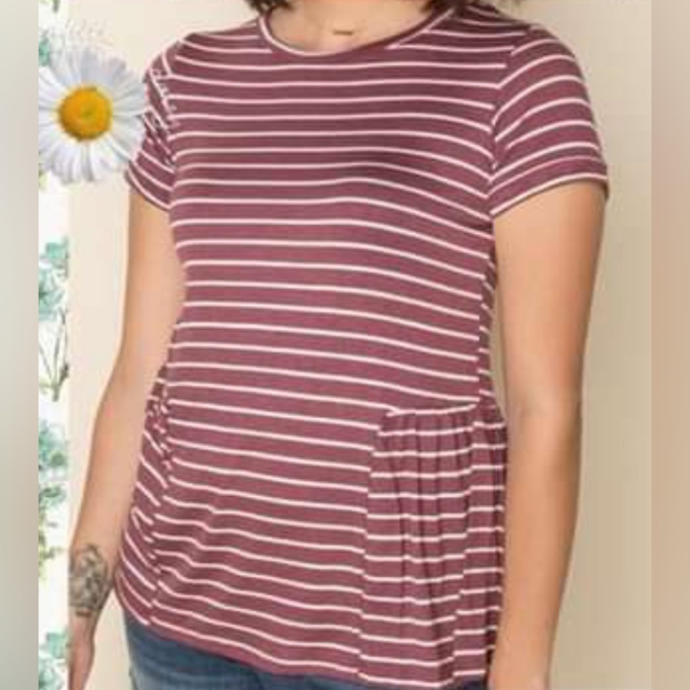 Amelia James New Size‎ M Peplum Blouse Top Burgundy White Stripe Super Soft USA